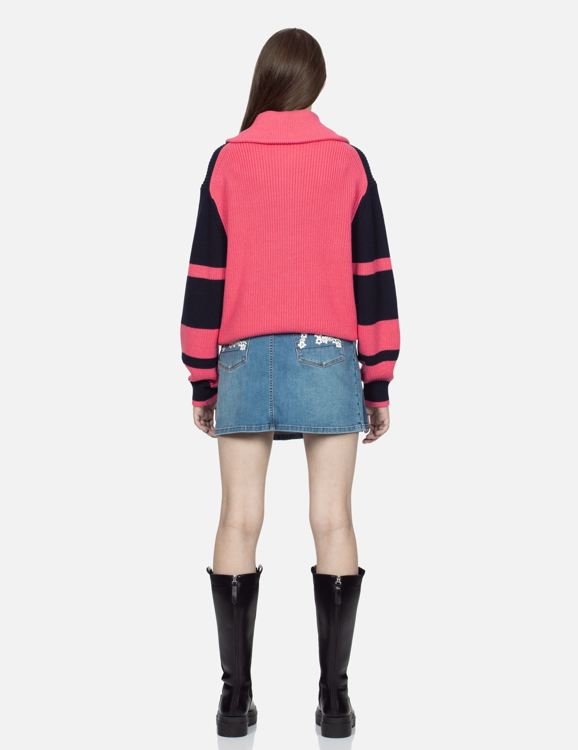 “EV” HEART BADGE STRIPED CROPPED HALF-ZIP SWEATER - 6