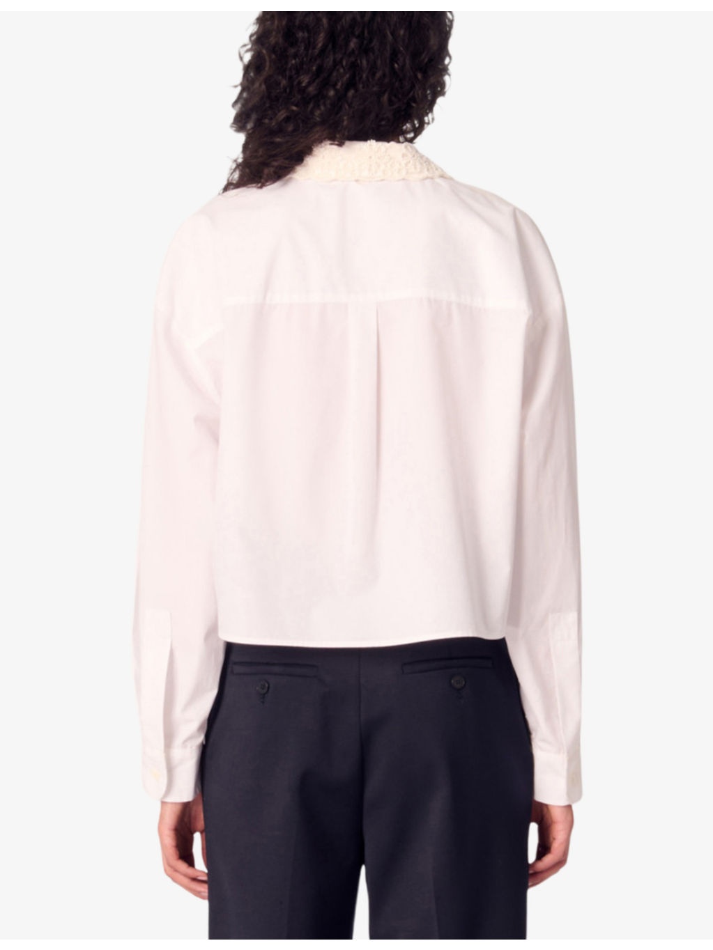 Embroidered-Collar Long-Sleeve Cropped Cotton Shirt - 4