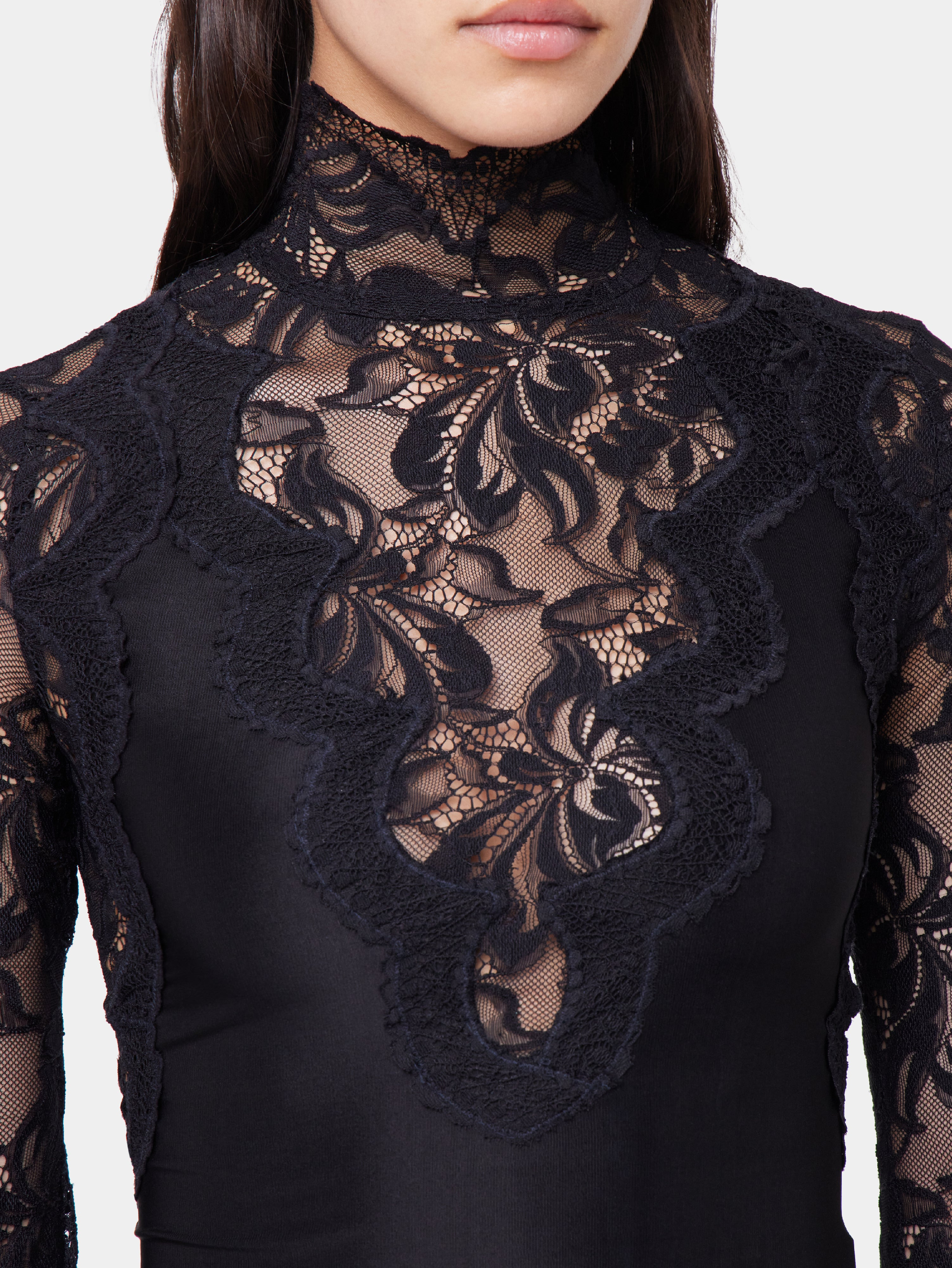 BLACK LONG SLEEVE TOP IN LACE AND JERSEY - 3