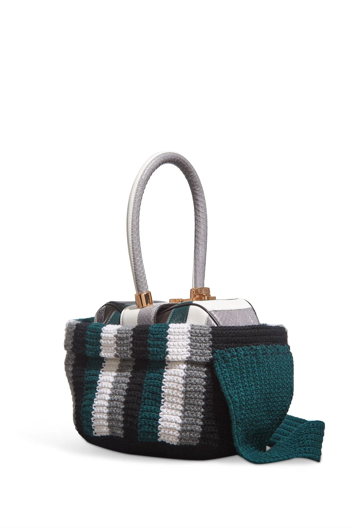 Crossover Knit Bag in Green, Ivory & Grey Cashmere - 1