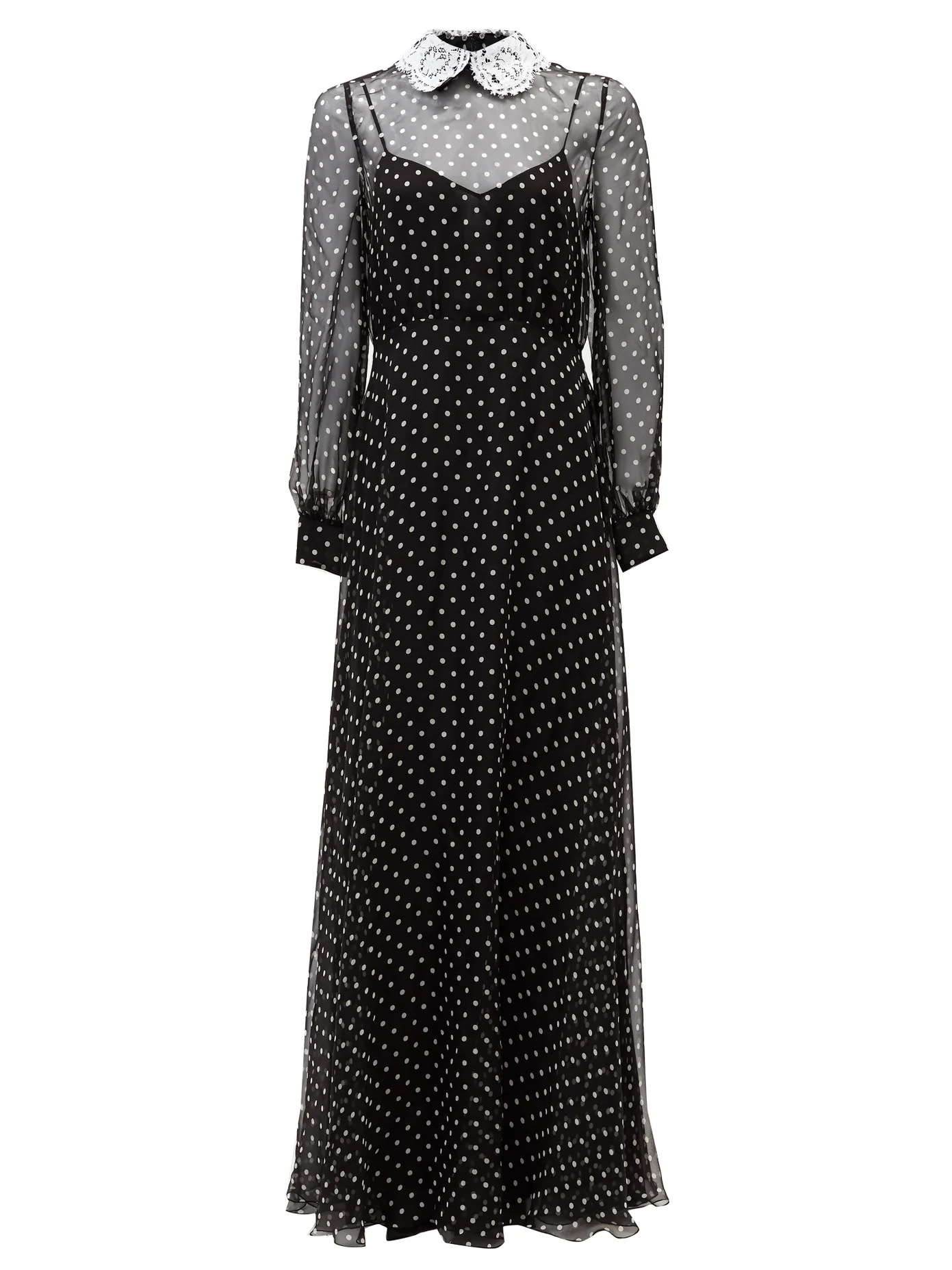 Lace-collar polka-dot chiffon gown - 1