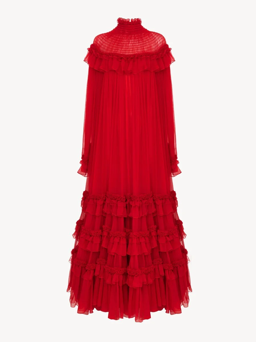HIGH-NECK RUFFLED LONG DRESS IN SILK MOUSSELINE - 1
