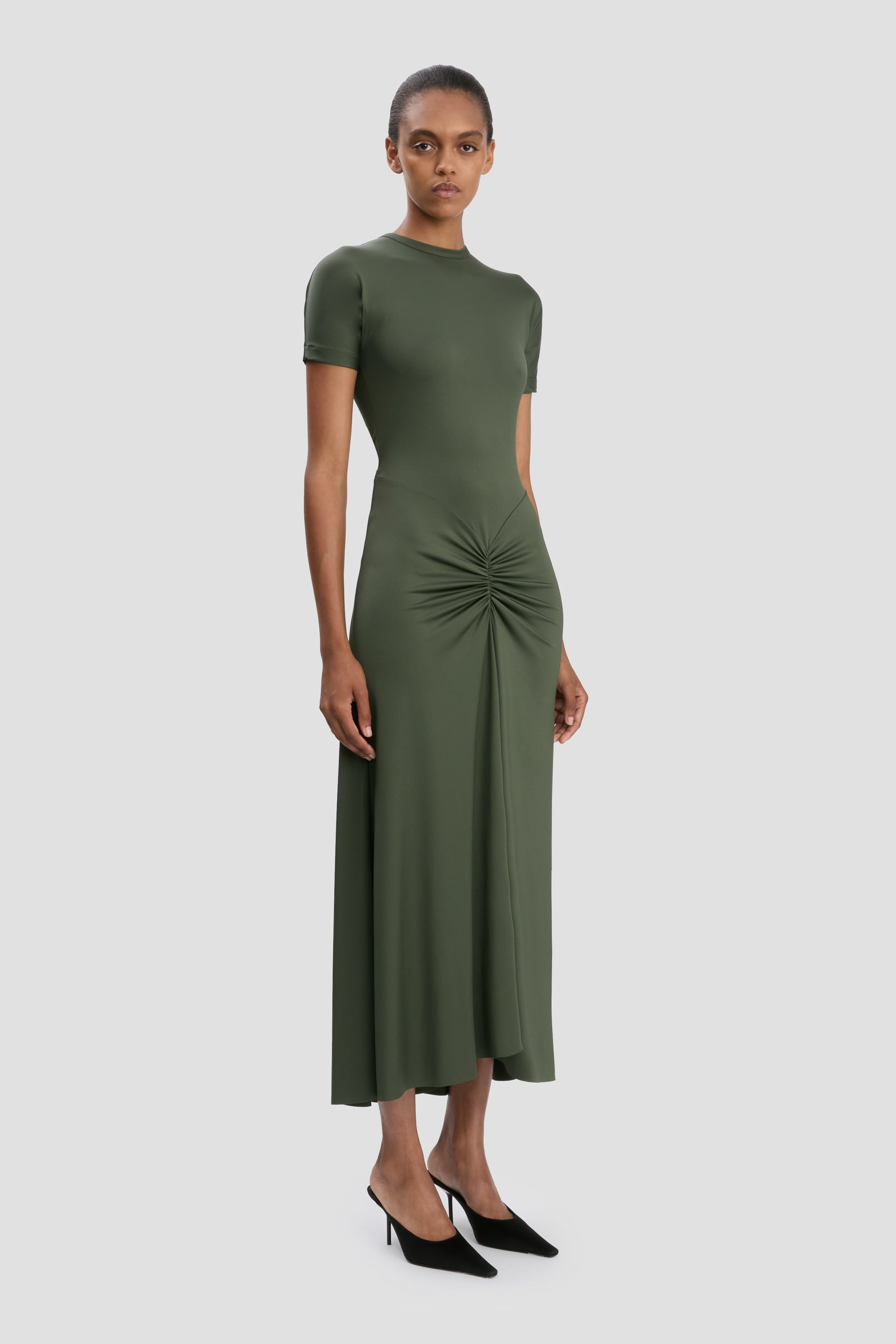 Gathered Waist T-Shirt Midi Dress In Oregano - 4