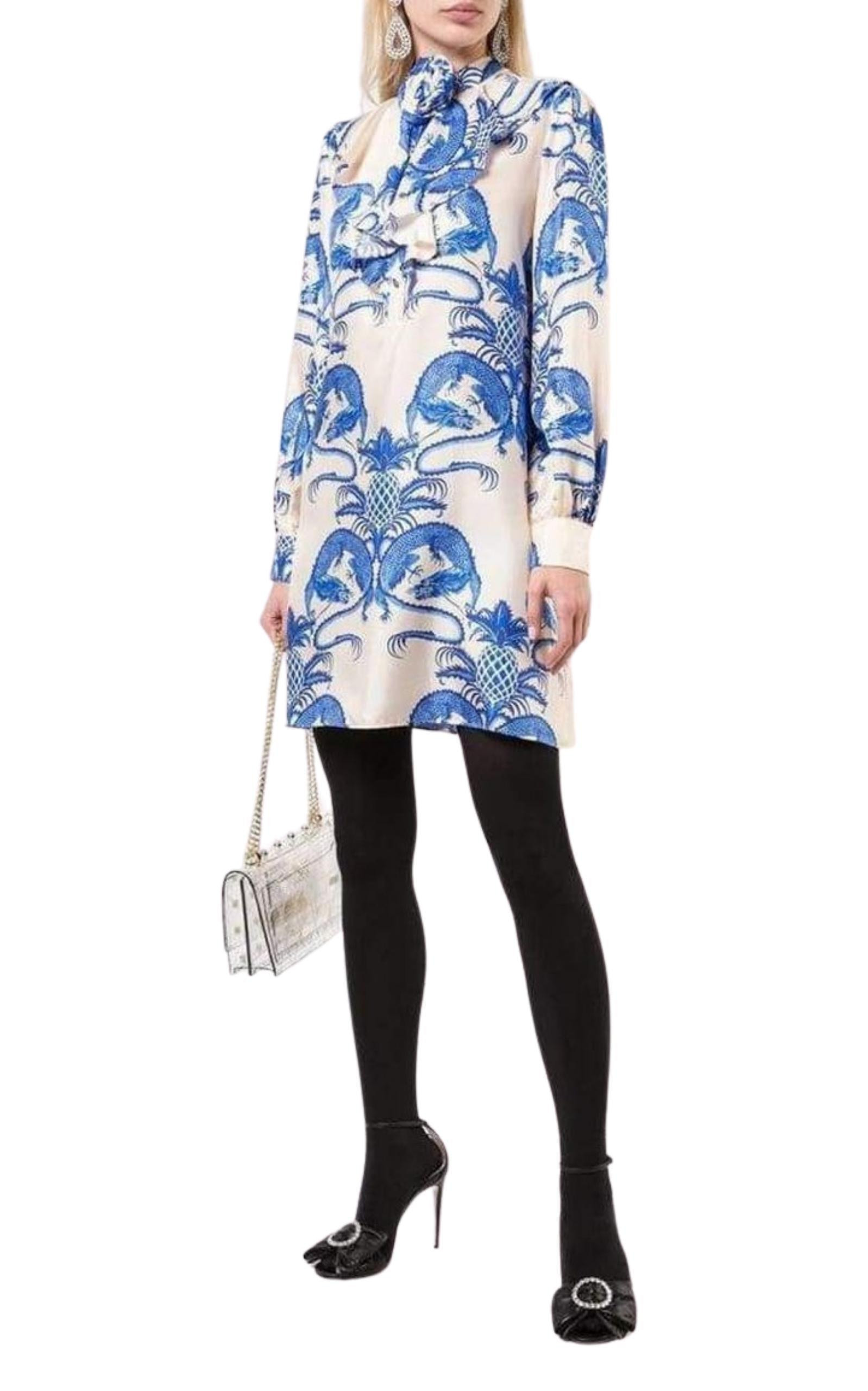 Silk Dragon Print Twill Ruffle Neck Dress - 2