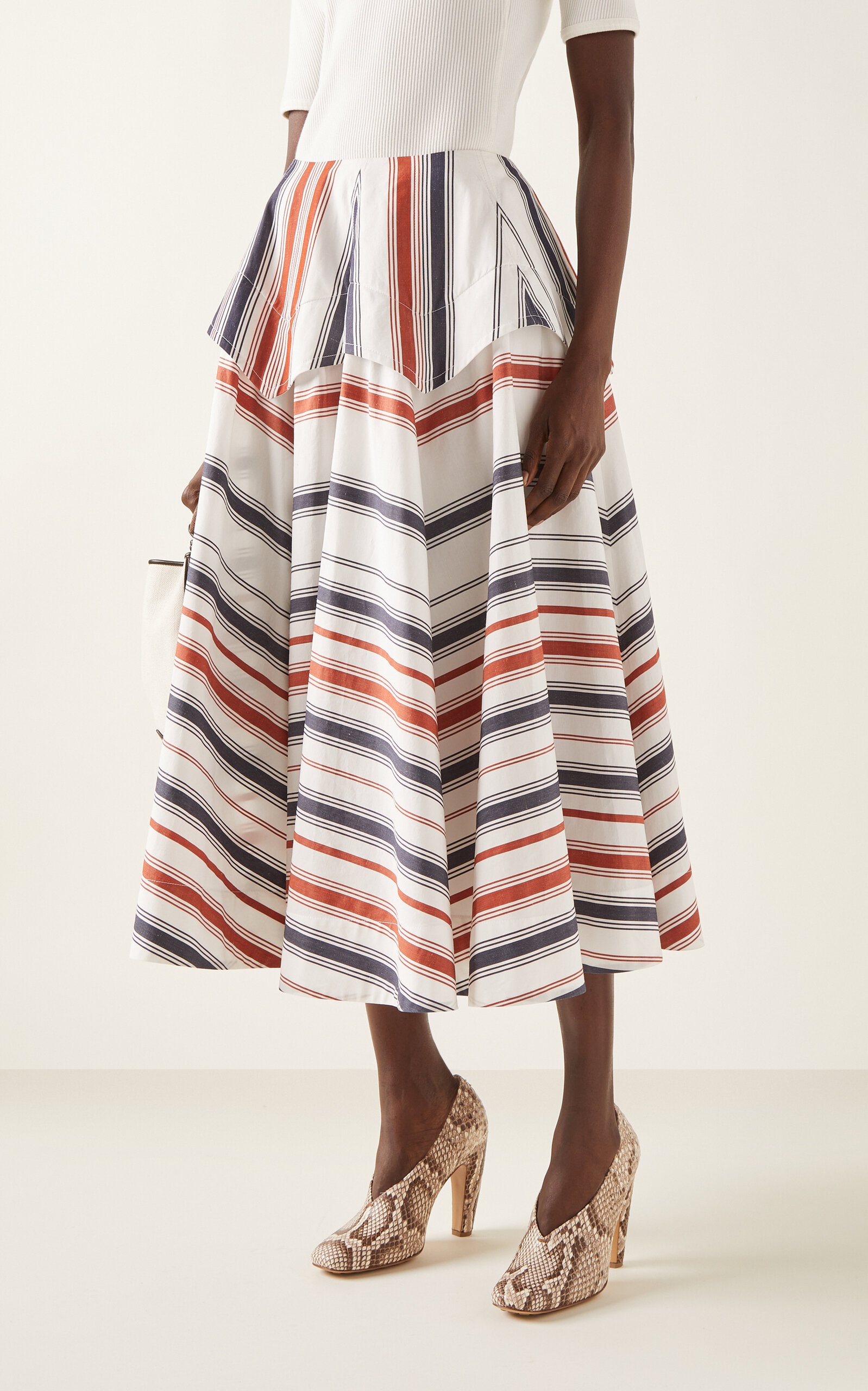 Bottega Veneta Drop-Waist Cotton-Linen Midi Skirt stripe