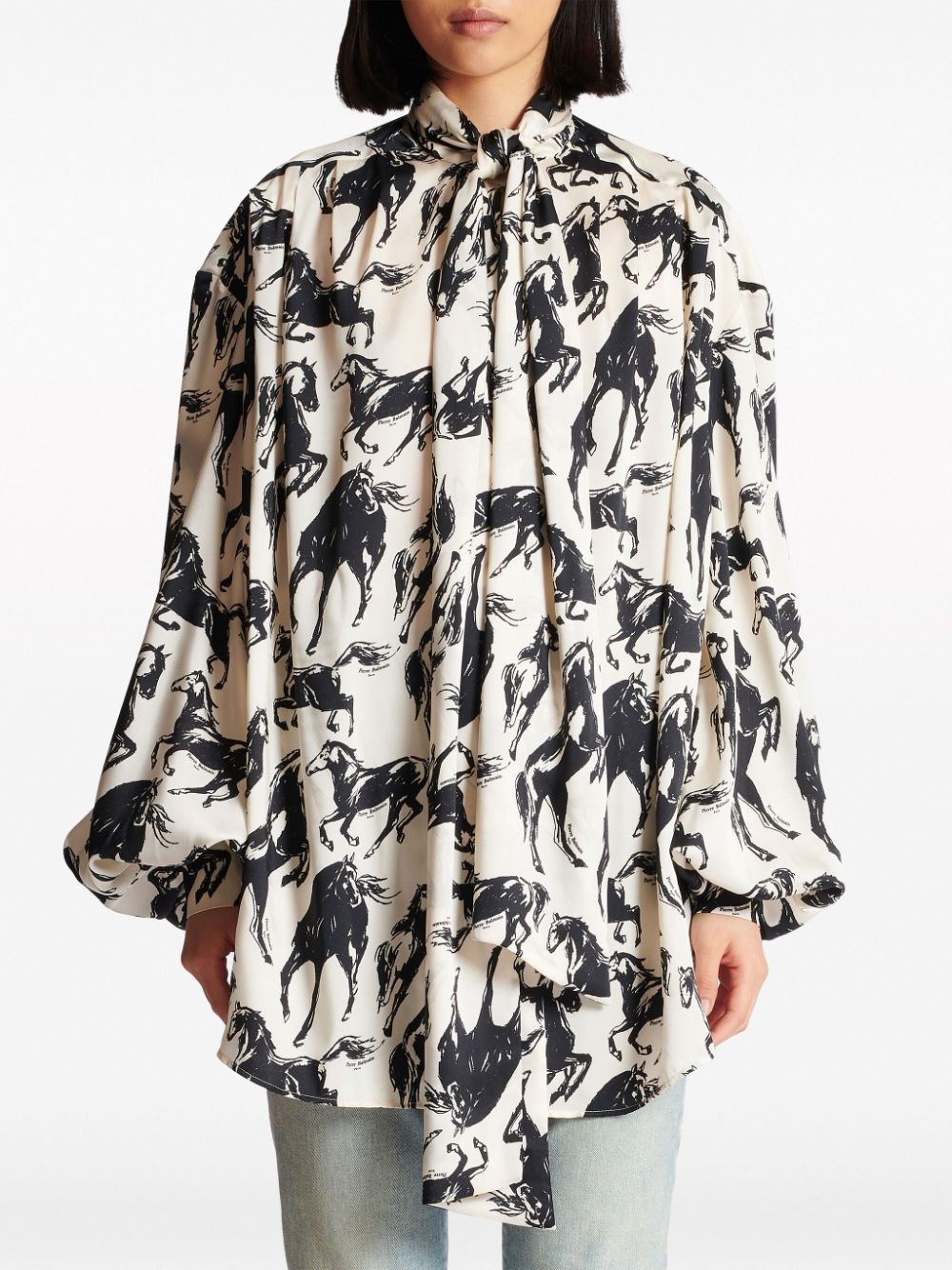 horse-print pussy-bow shirt - 5