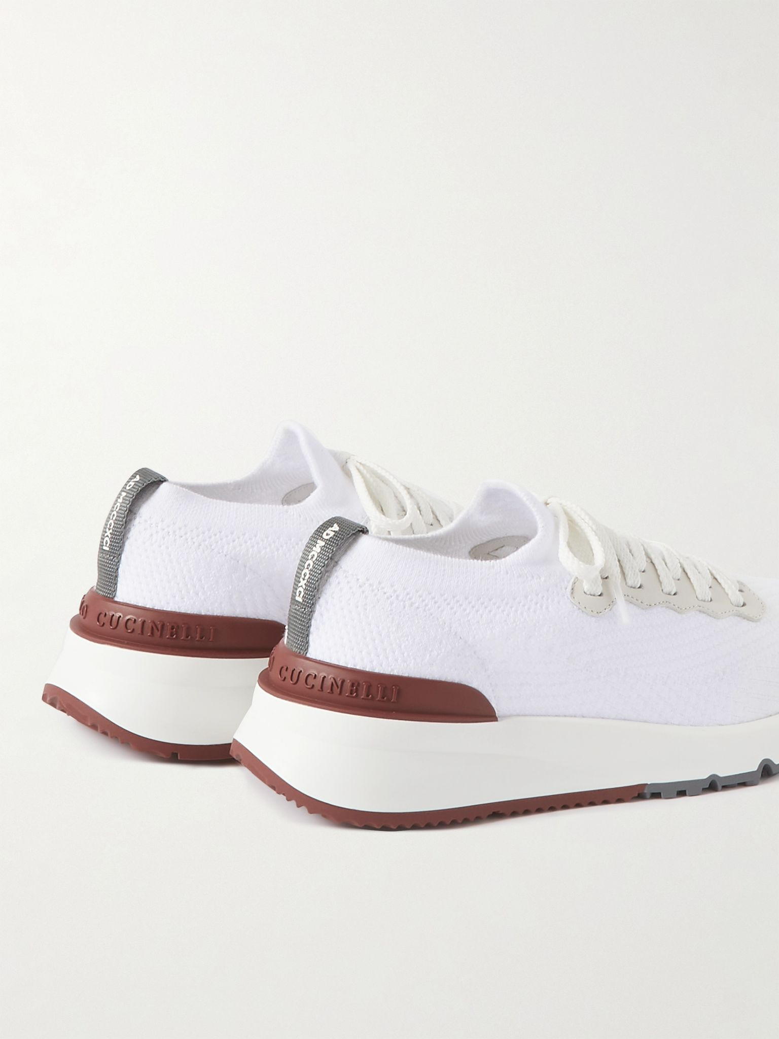 Leather-Trimmed Stretch-Knit Sneakers White - 4