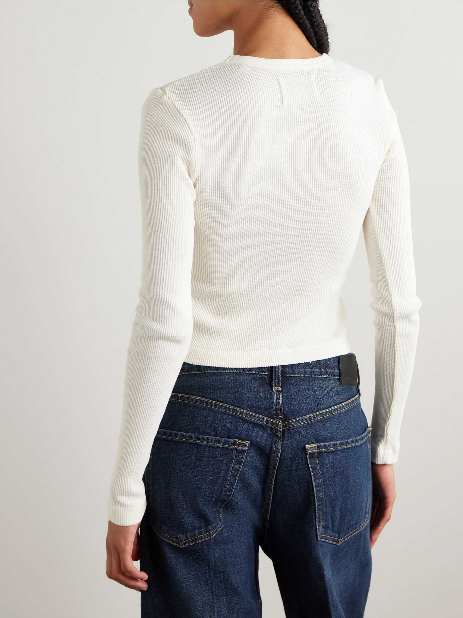 Pilar cropped waffle-knit cotton T-shirt Off-white - 3