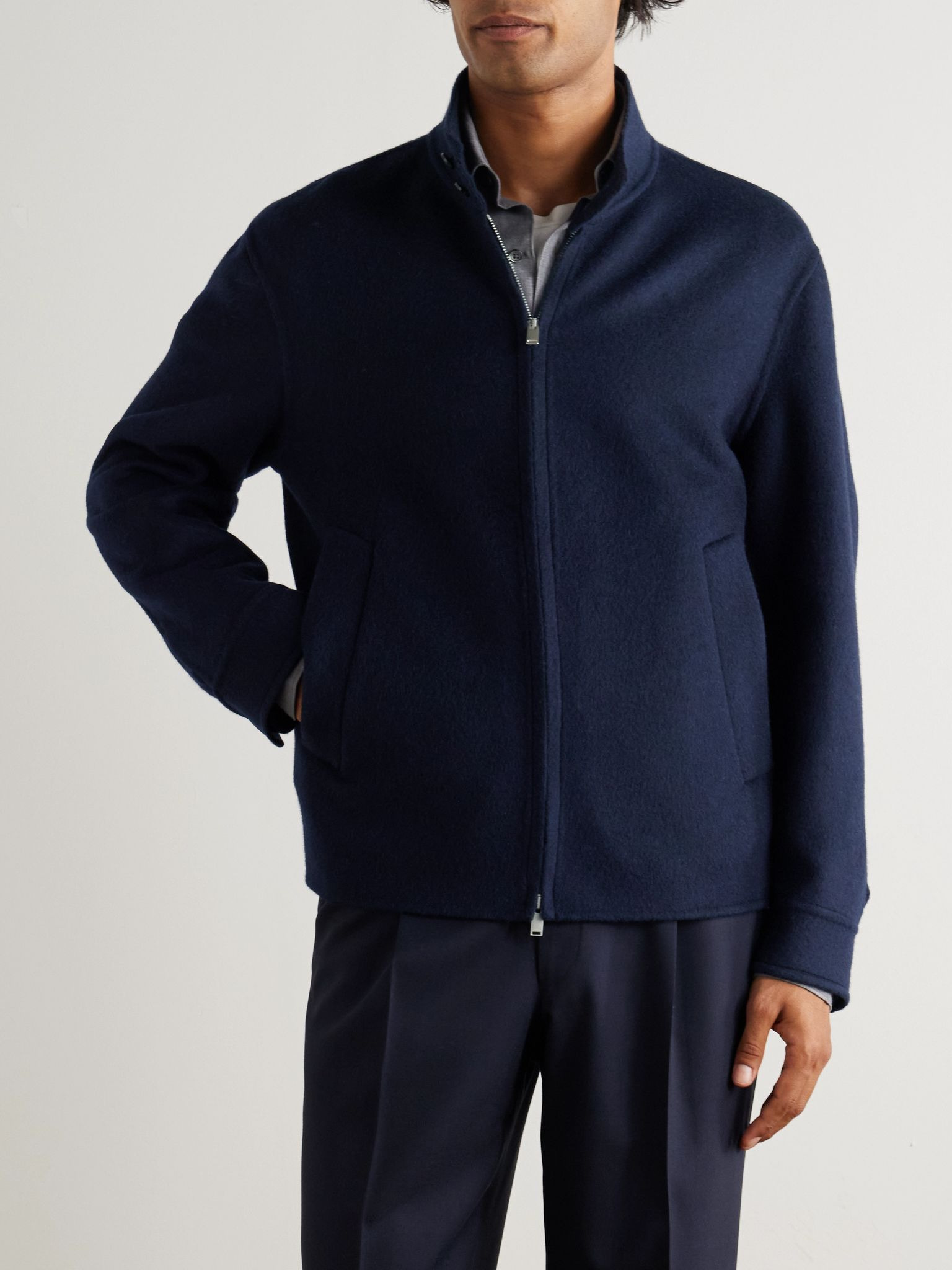 Brushed Wool and Cashmere-Blend Bomber Jacket Navy - 3