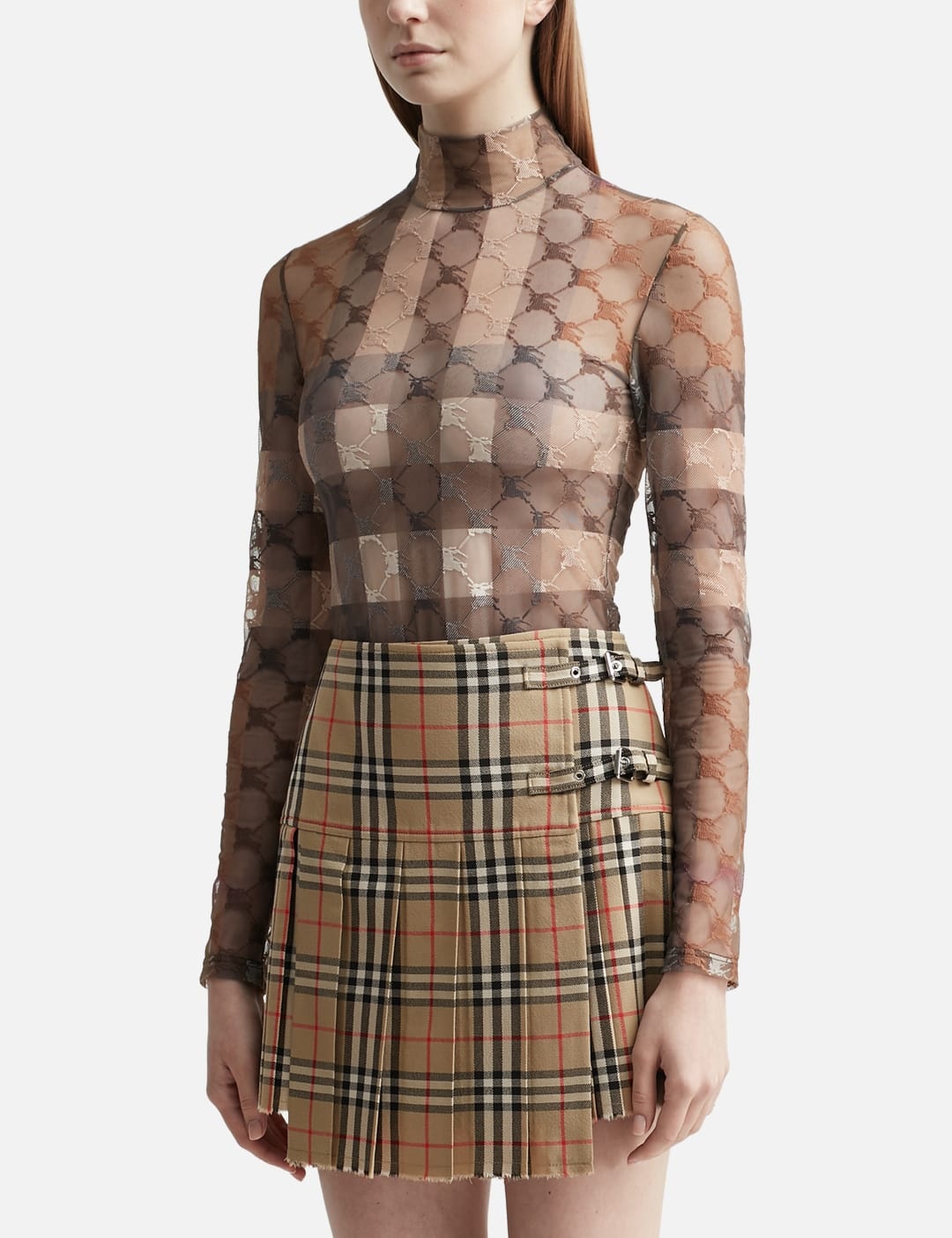 EKD Check Stretch Tulle Turtleneck Bodysuit - 3