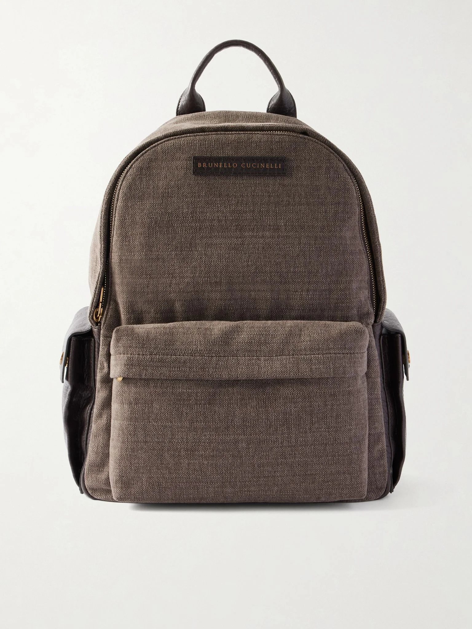 Leather-Trimmed Woven Backpack Brown - 1