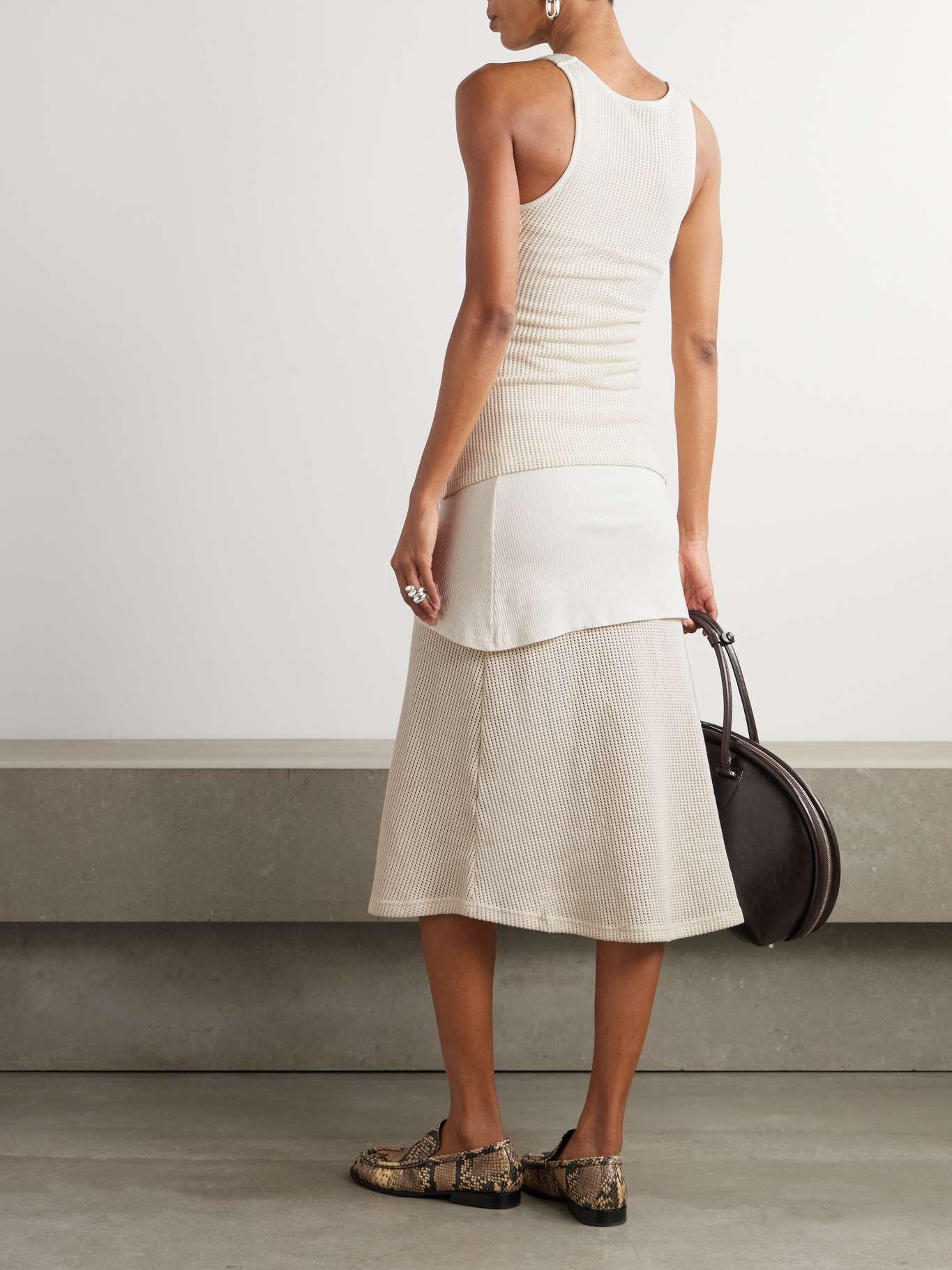 Serenity crystal-embellished layered open and ribbed-knit cotton midi dress Cream - 3