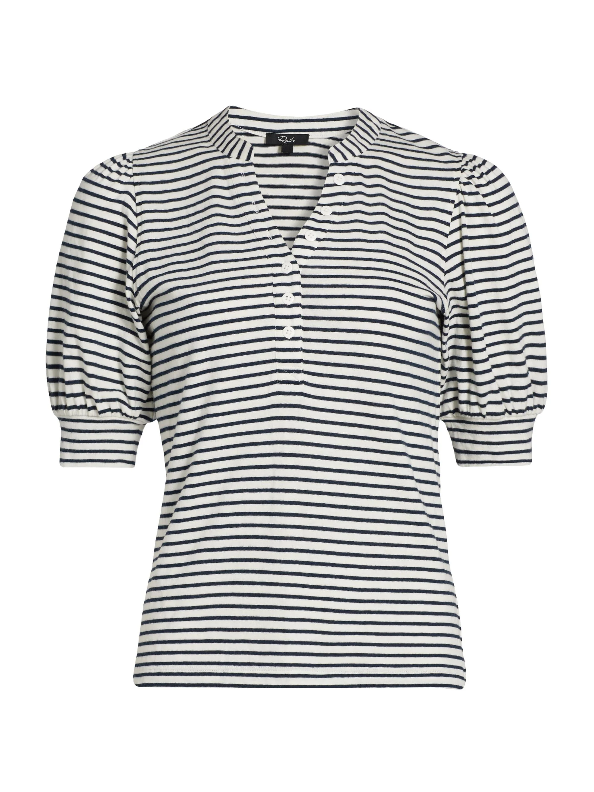 Women's Jewel Striped Cotton Puff-Sleeve Henley - Ivory Navy Microstripe - 1