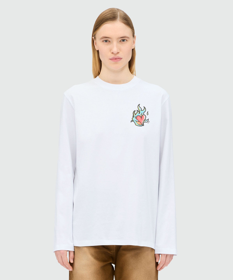 MSGM White long-sleeved jersey T-shirt with "Heart on Fire" print outlook