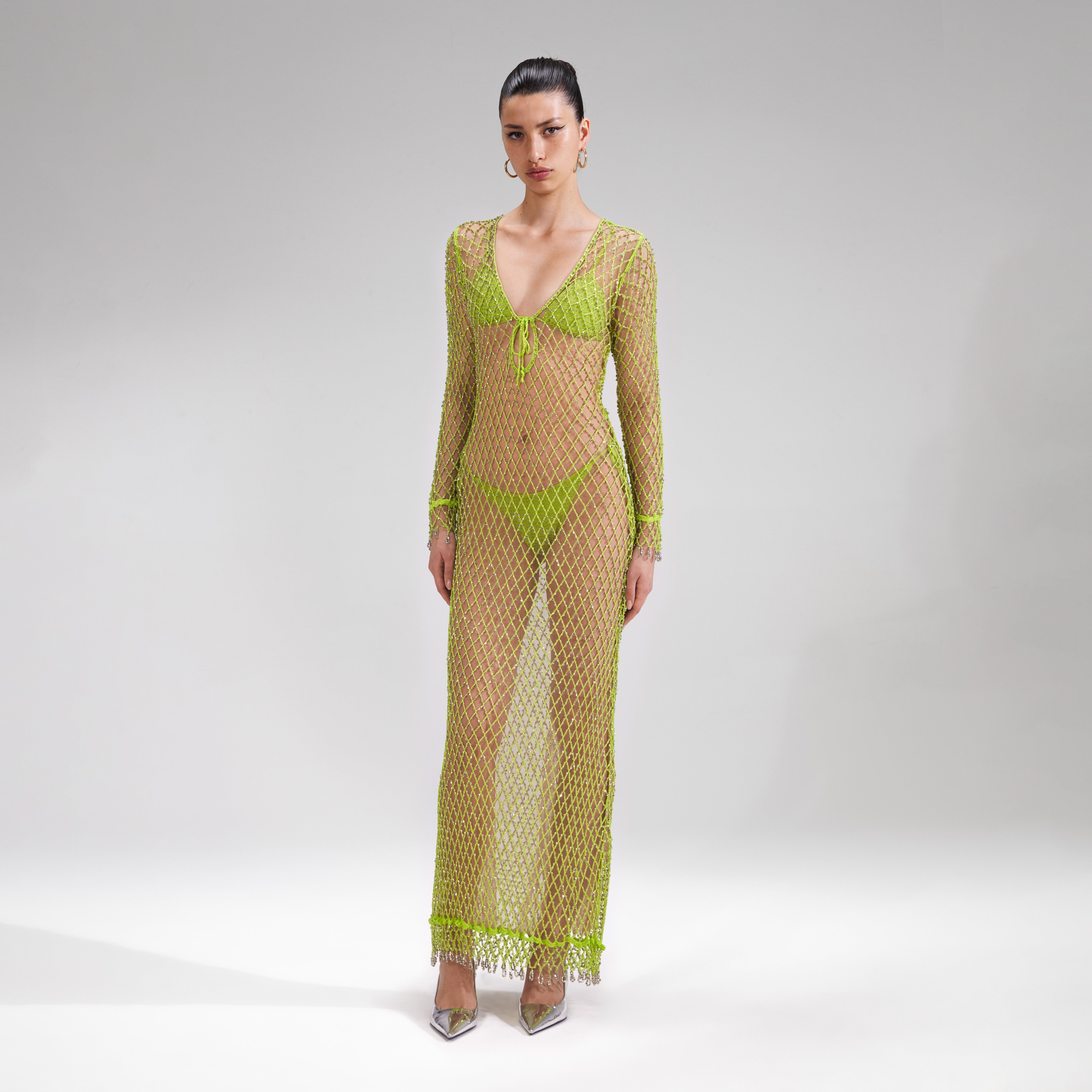 self-portrait Green Beaded Fishnet Midi Dress - PF23-950X-G | REVERSIBLE