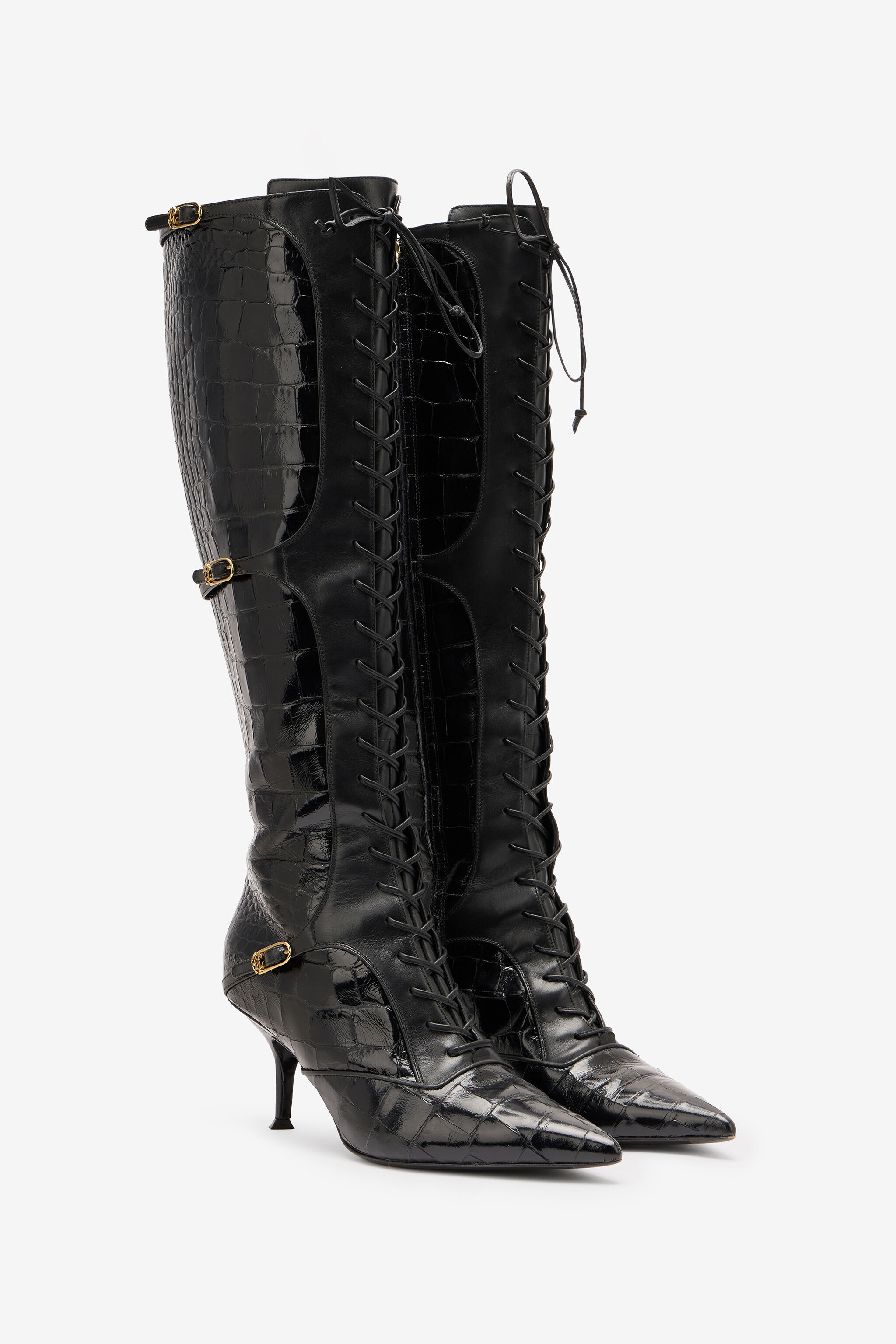 Pointed Lace-Up Boots With Crocodile Effect - 2