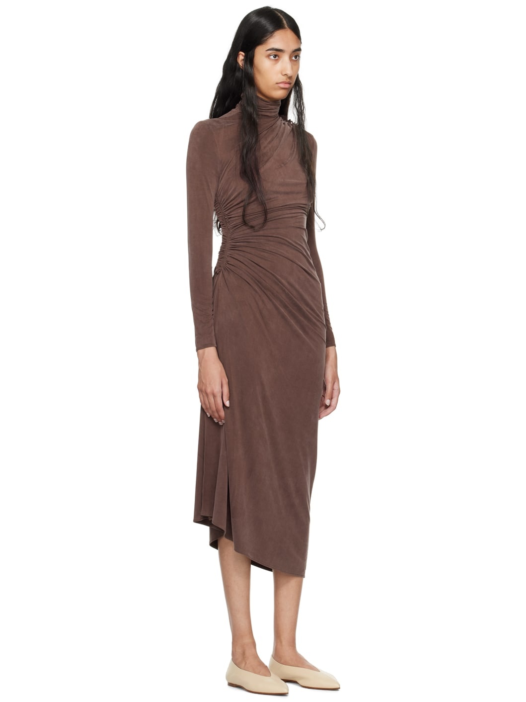 Brown Ruched Midi Dress - 2