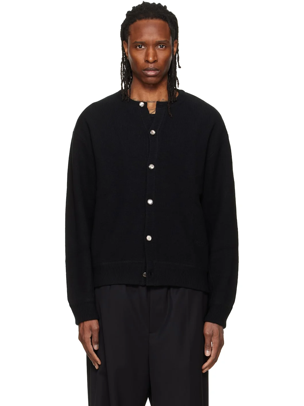 Black Round Neck Wool Cardigan - 1