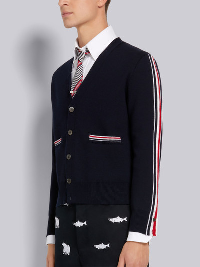 Thom Browne Navy Fine Merino Wool Intarsia Stripe Milano Stitch V-Neck Cardigan outlook