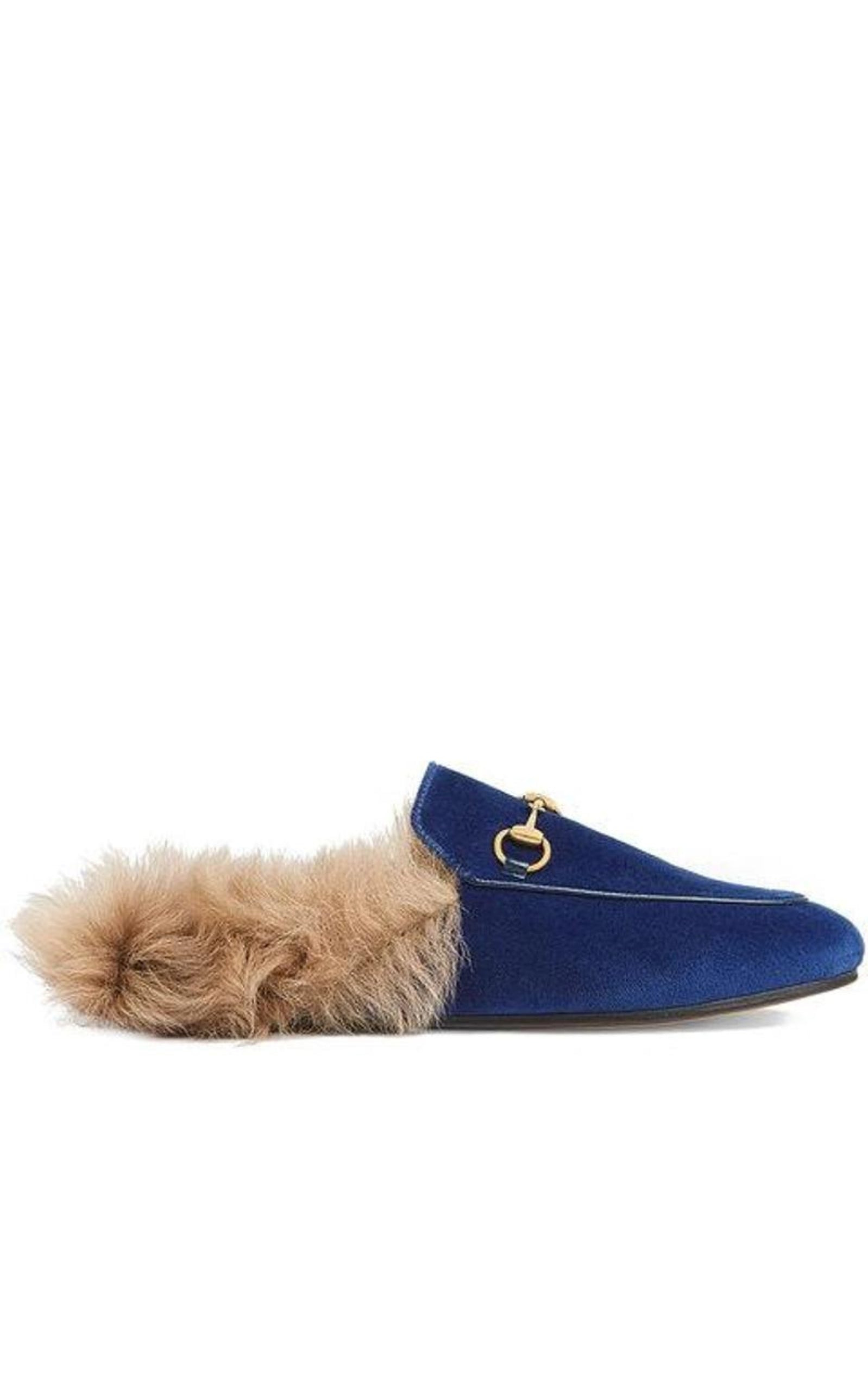 Blue Velvet & Fur Princetown Slippers - 1
