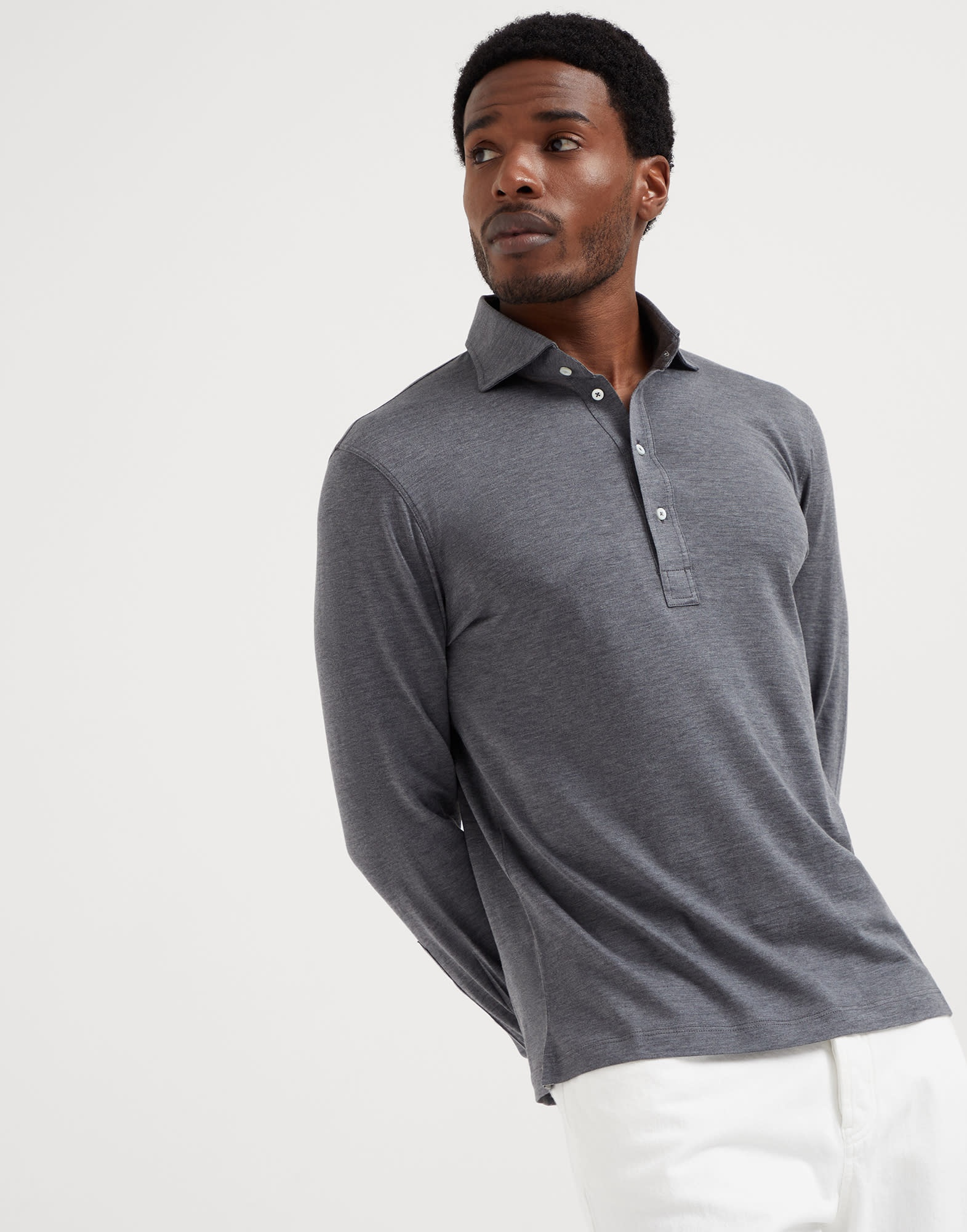 Silk and cotton lightweight jersey long sleeve polo with shirt-style collar - 1
