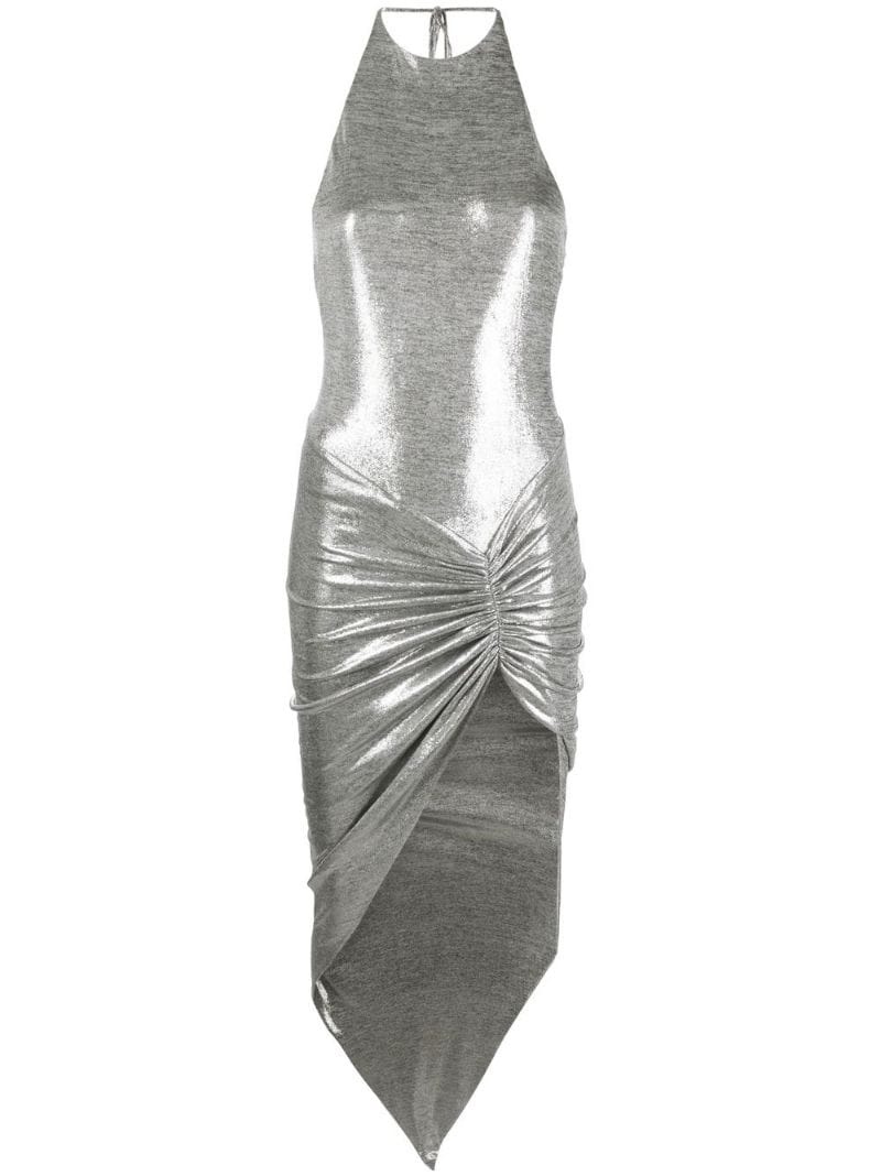 metallic-effect asymmetric draped midi dress - 1