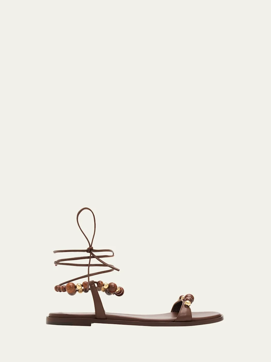 Beaded Nappa Leather Flat Ankle-Tie Sandals - 1