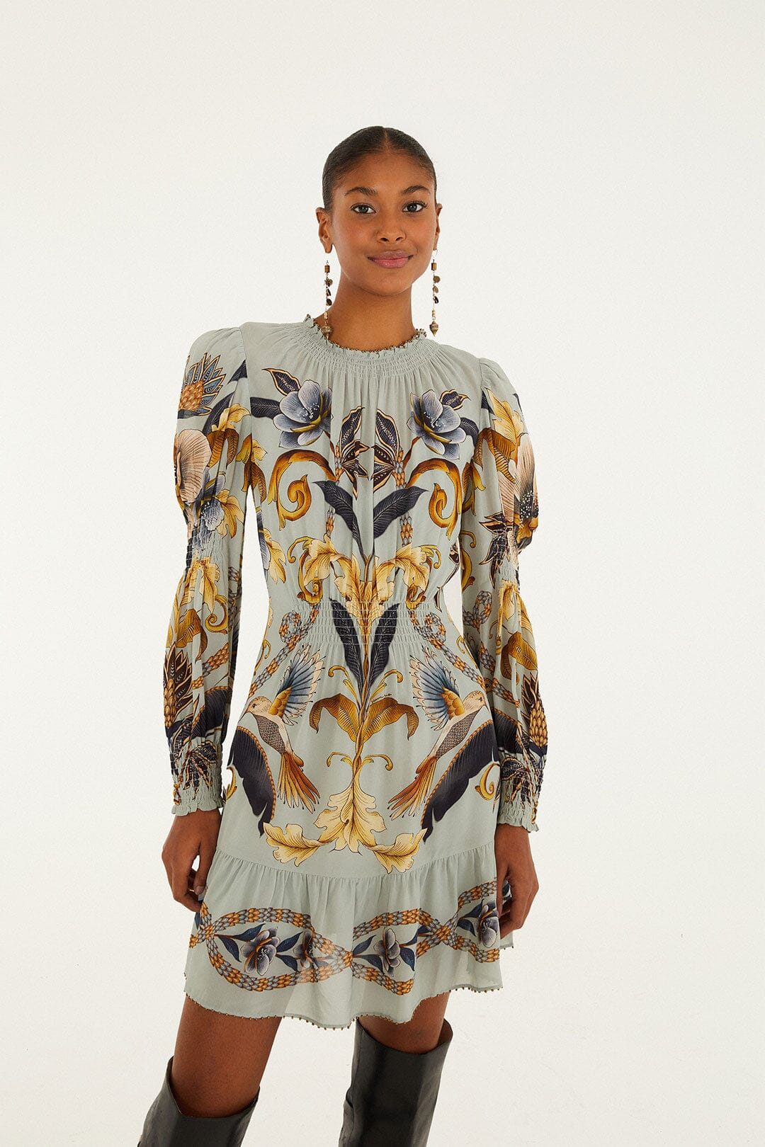 Blue Snake Garden Long Sleeve Mini Dress - 2
