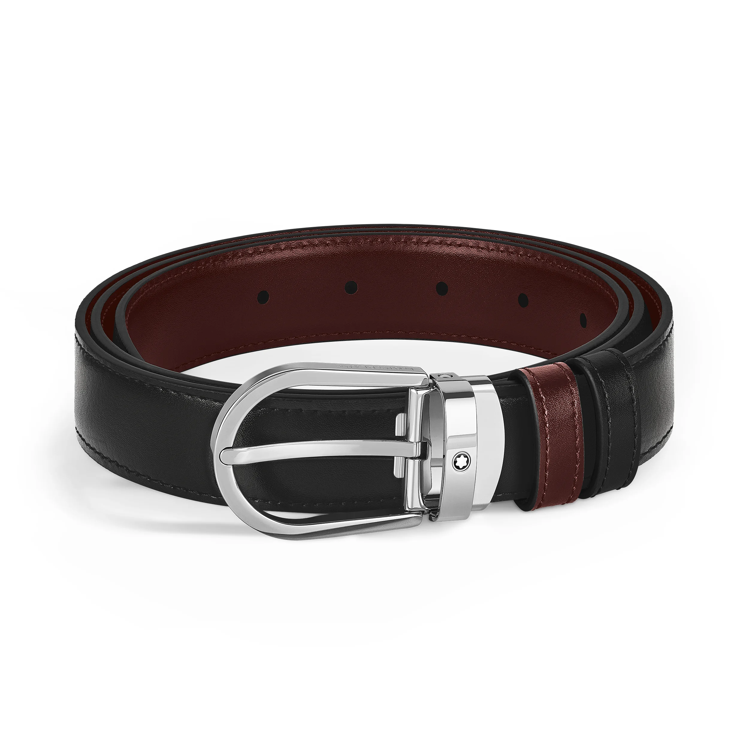 HORSESHOE BUCKLE BLACK/BURGUNDY 30MM REVERSIBLE LEATHER BELT - 1