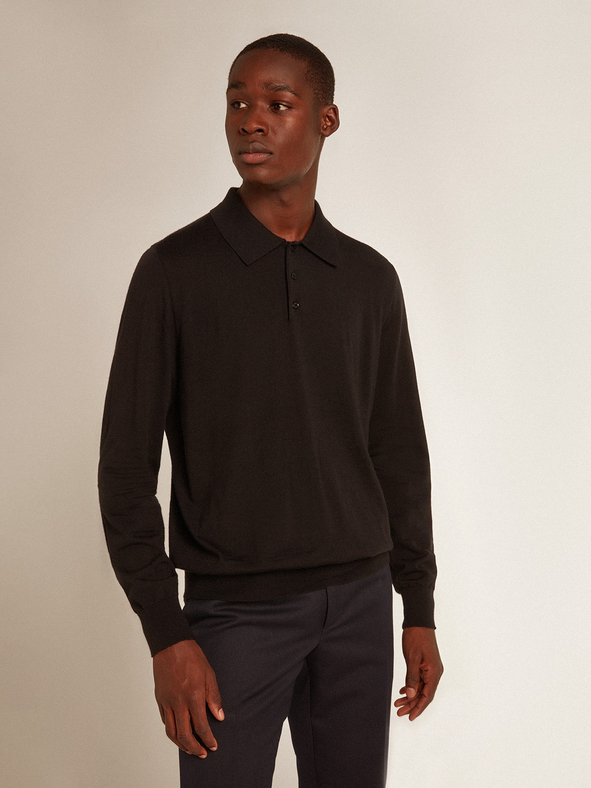 Men’s long-sleeved polo shirt in black merino wool - 5