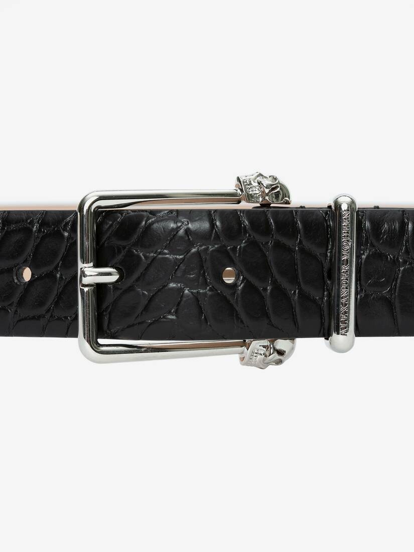 Twin Skull Leather Belt in Black - 3