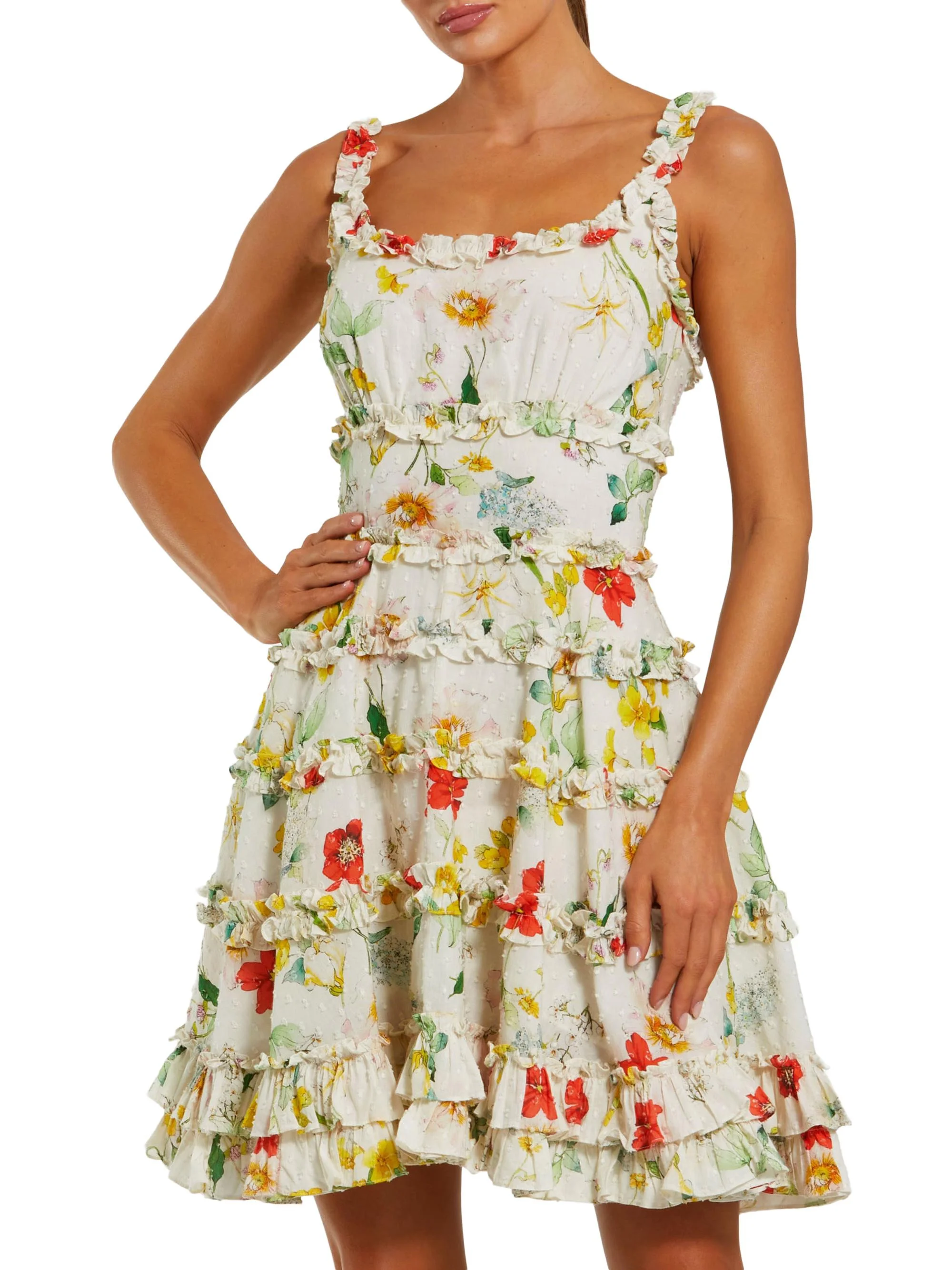 Women's Floral Ruffle Scoopneck Minidress - Ivory Multi - 1