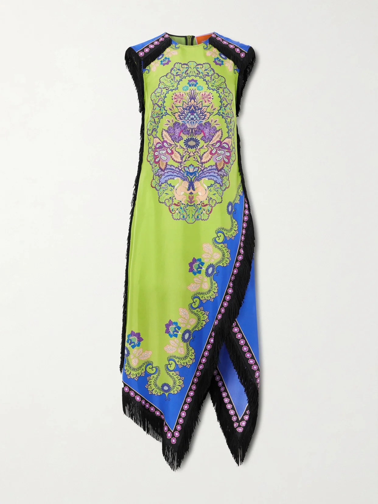 Fringed Asymmetric Printed Silk Midi Dress - 1