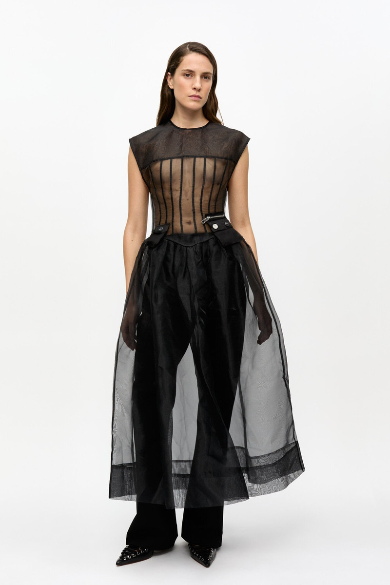 GANNI BLACK TECHNICAL ORGANZA CORSET MIDI DRESS outlook