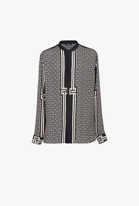 Oversized ivory and black cuprammonium rayon shirt with Balmain monogram print - 1