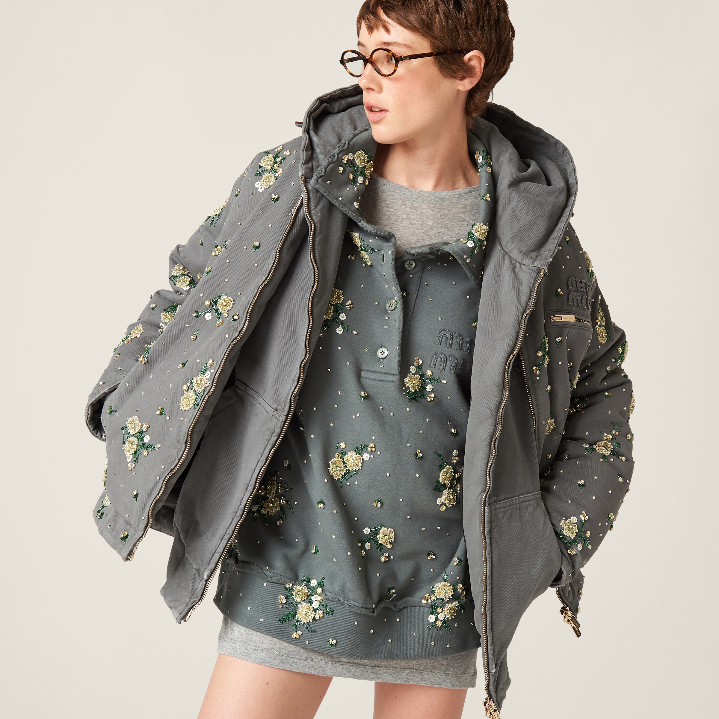 Miu Miu Embroidered garment-dyed gabardine blouson jacket