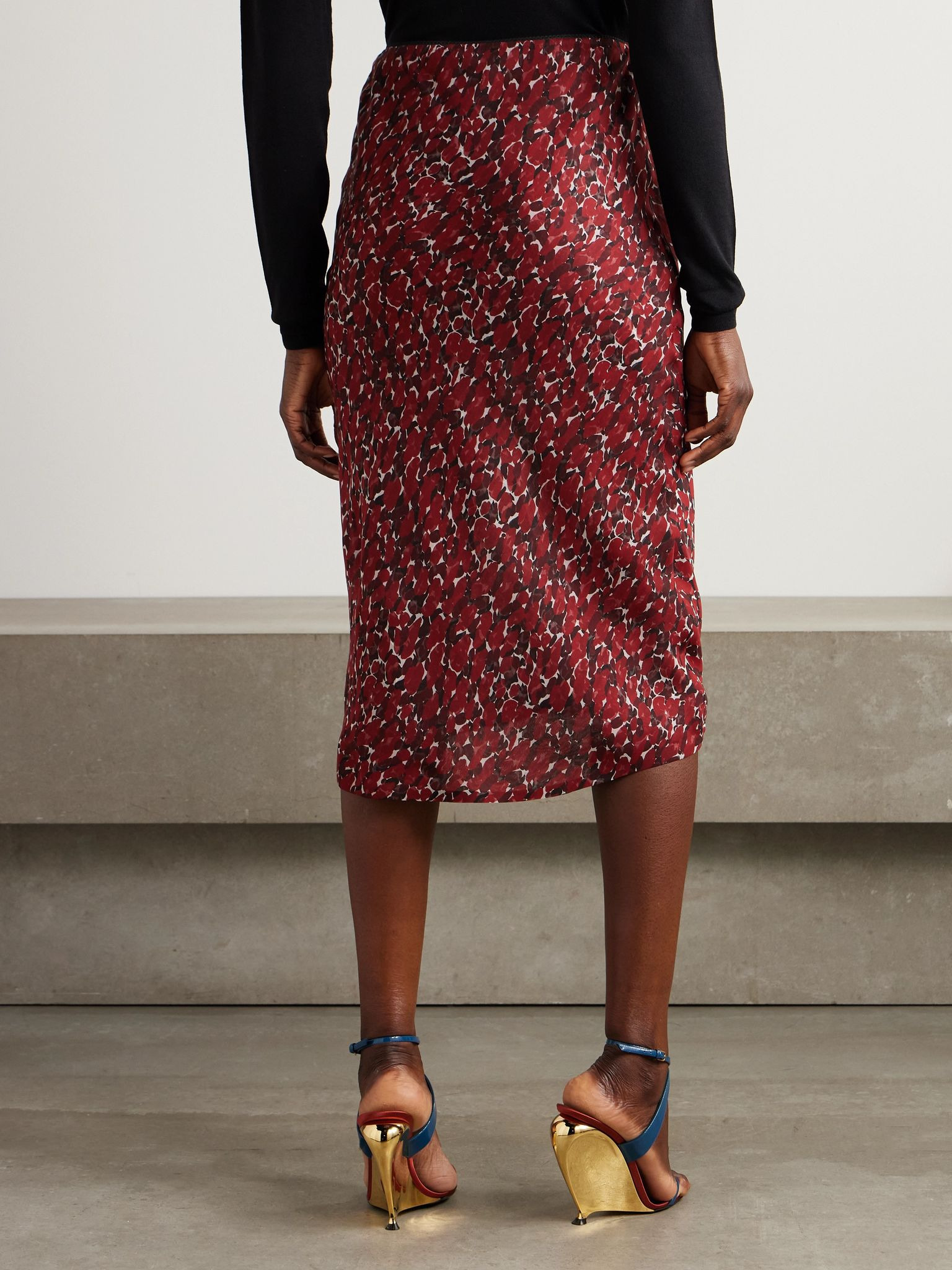 Printed silk-mousseline midi skirt Red - 4
