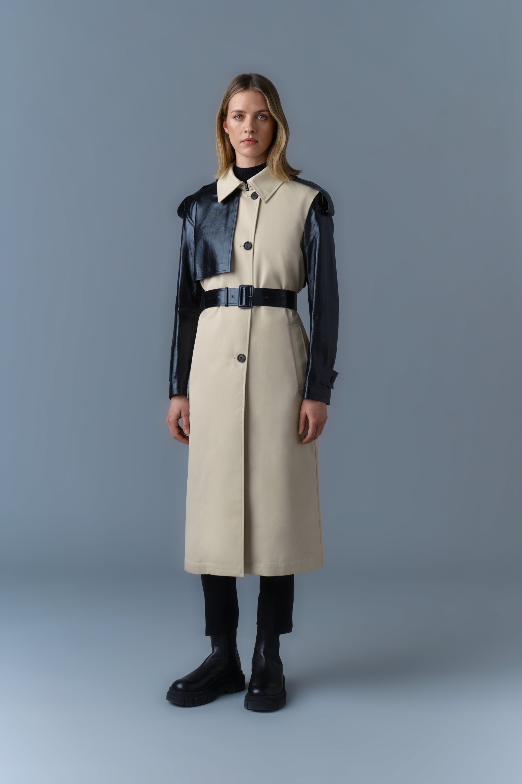 LEIKO Maxi Two-Toned Twill & Leather Trench - 3