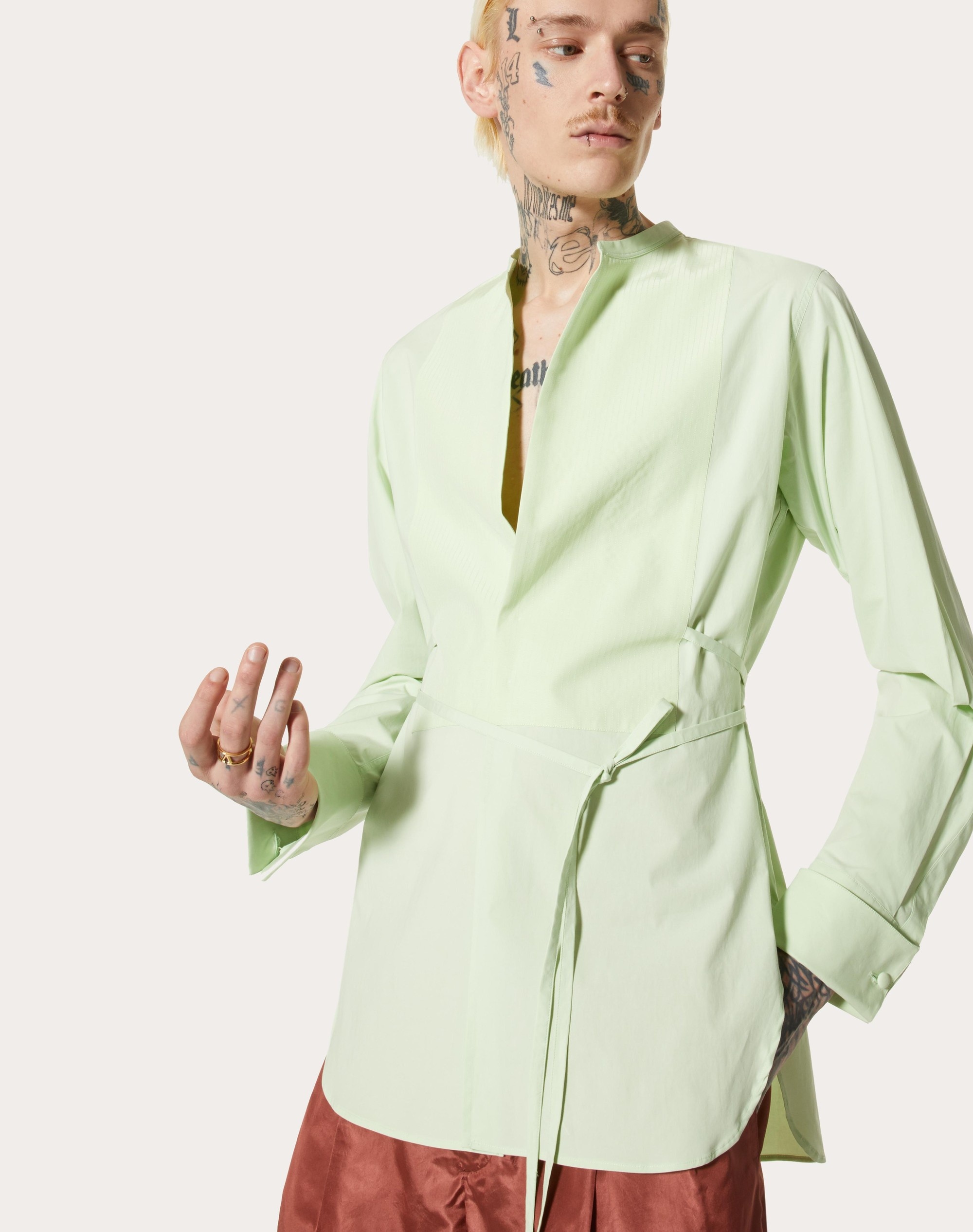 COTTON POPLIN SHIRT WITH WASHED SILK PLASTRON - 5