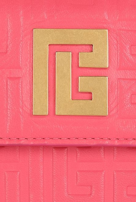 Salmon pink debossed leather card holder with Balmain monogram and chain - 5