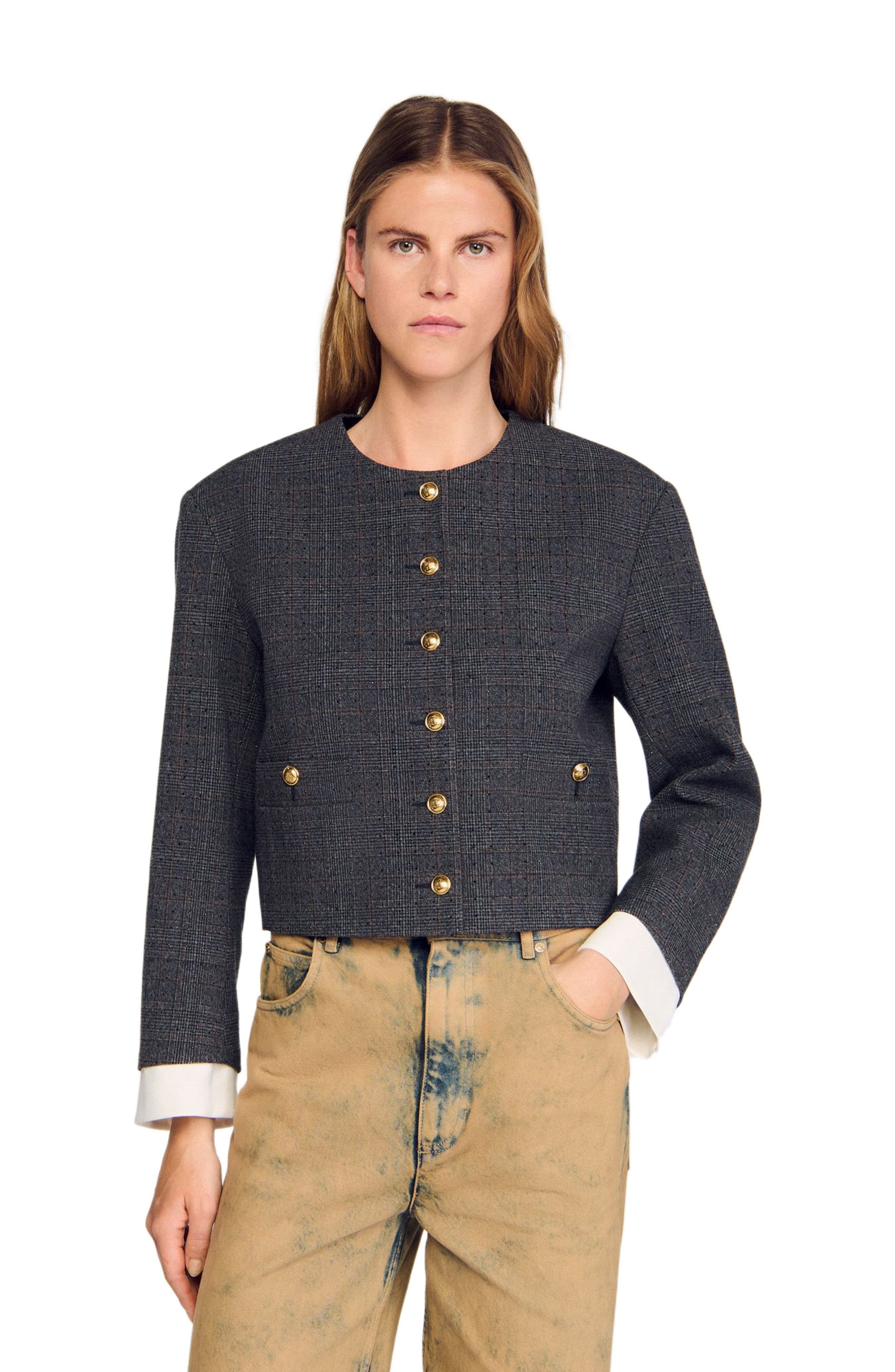 SANDRO Rhinestone tailored jacket in Grey /Brown at Nordstrom - 3