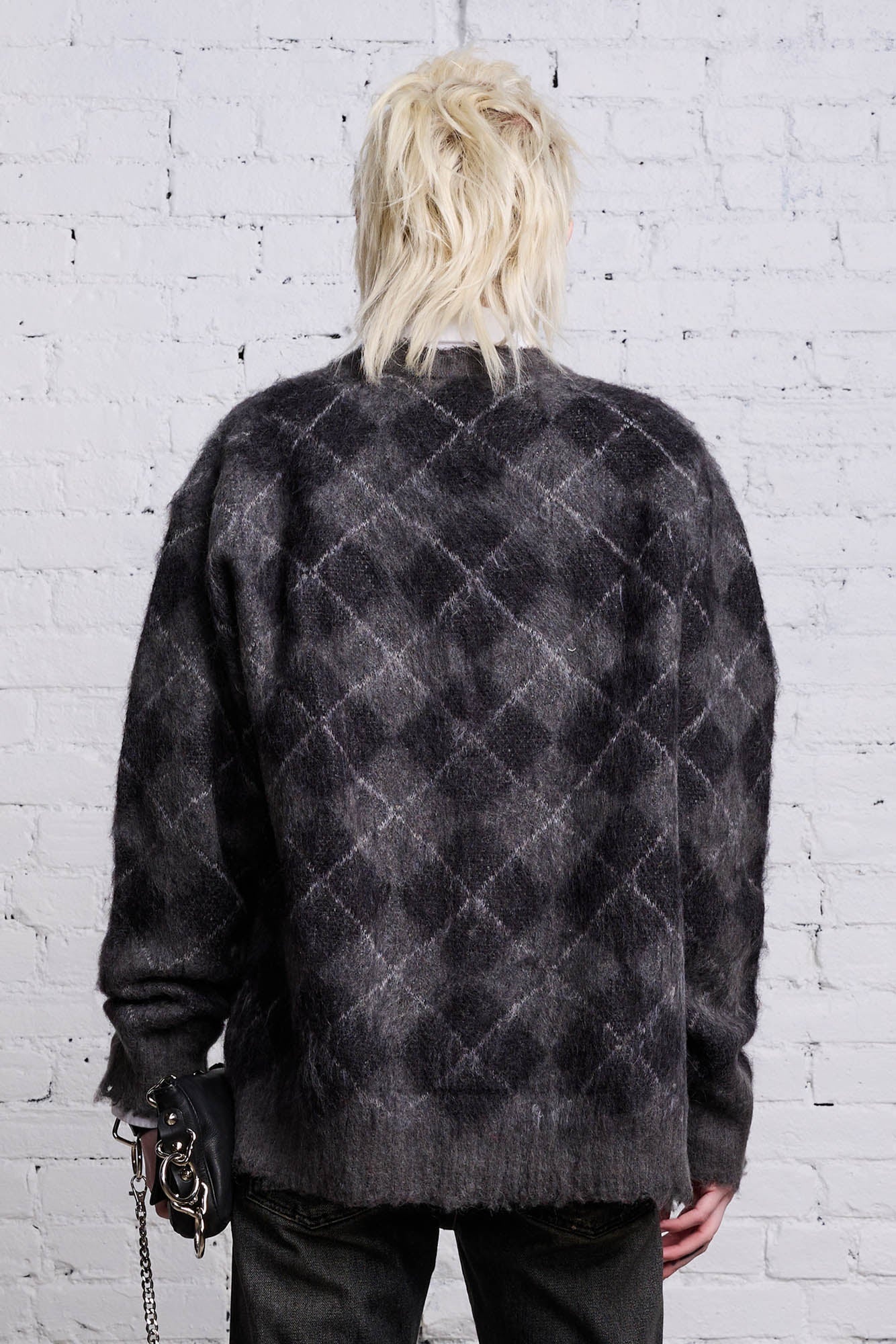 OVERSIZED DISTRESSED EDGE CARDIGAN - CHARCOAL/BLACK ARGYLE - 6