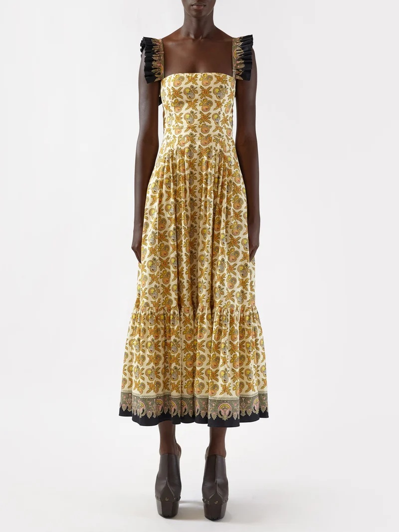 Ruffled-strap apple-print cotton-blend midi skirt - 1