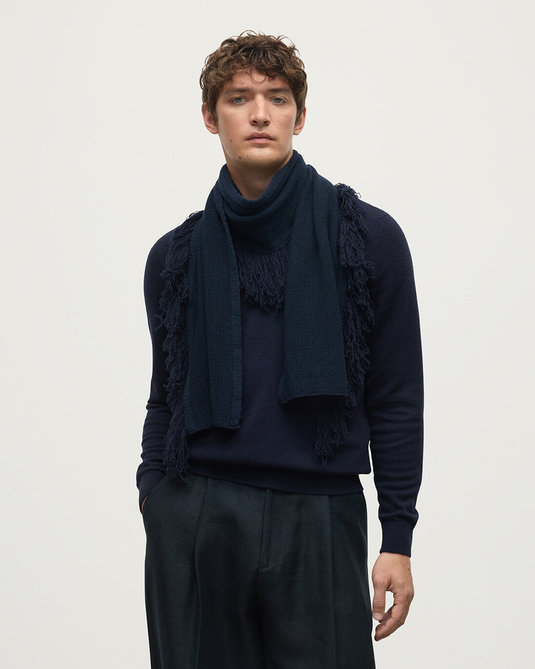 Fringed Cashmere Navy Scarf - 3
