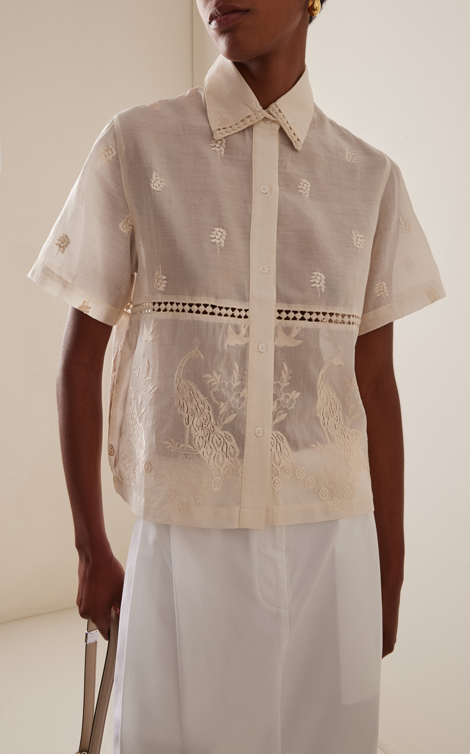 Ada Hand-Embroidered Sheer Cotton-Silk Shirt ivory - 3
