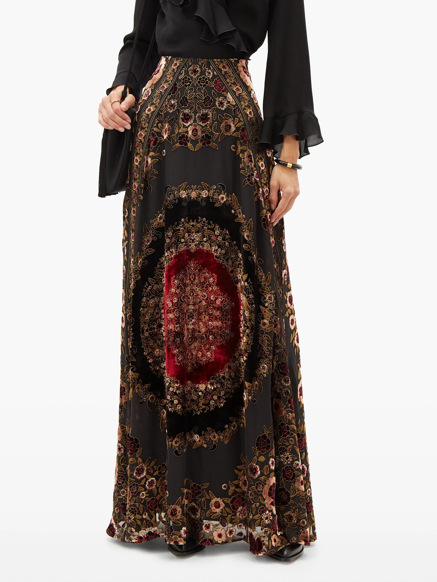 Baluchi floral-embroidered velvet maxi skirt - 6