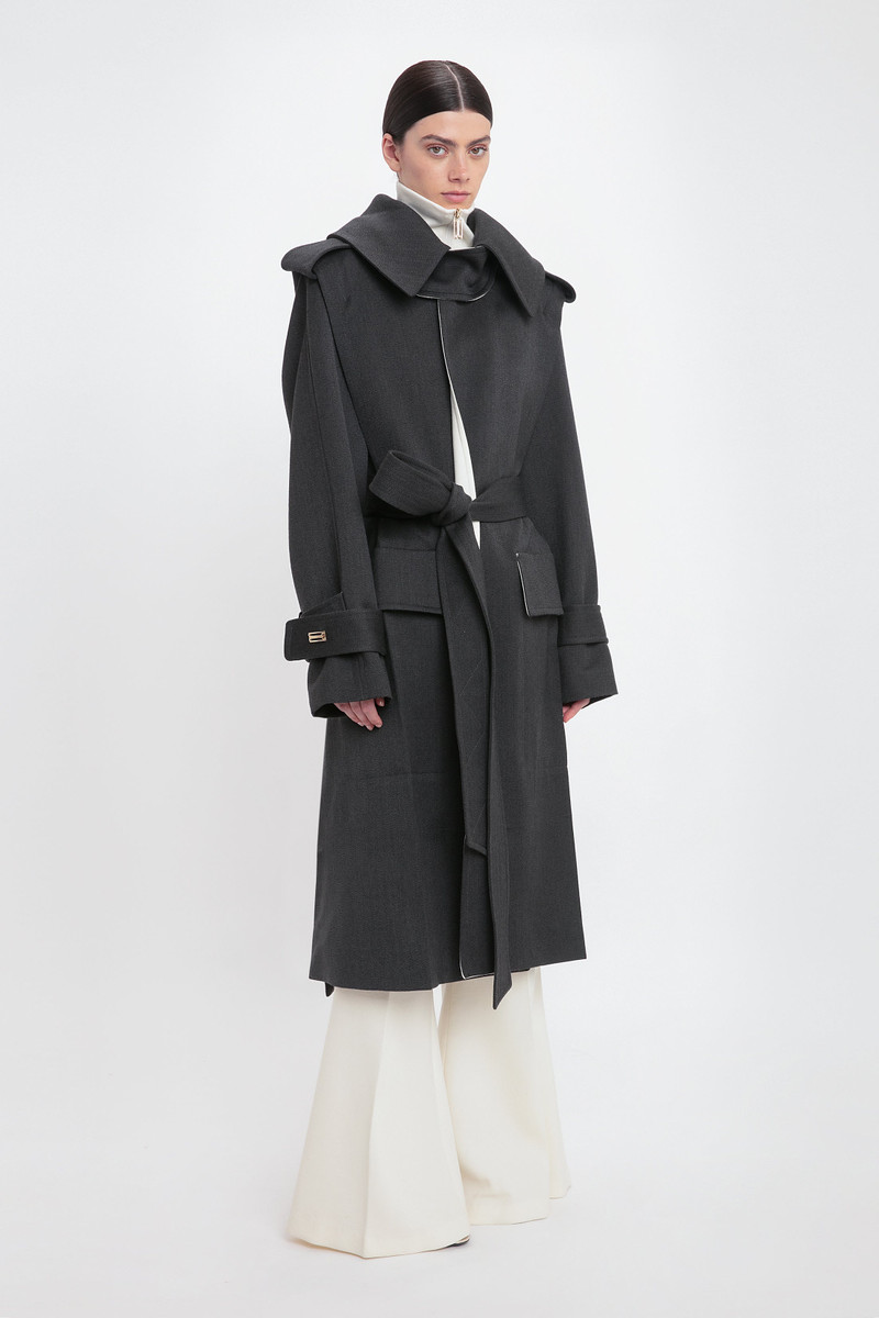 Belted Wool Trench Coat In Charcoal 3