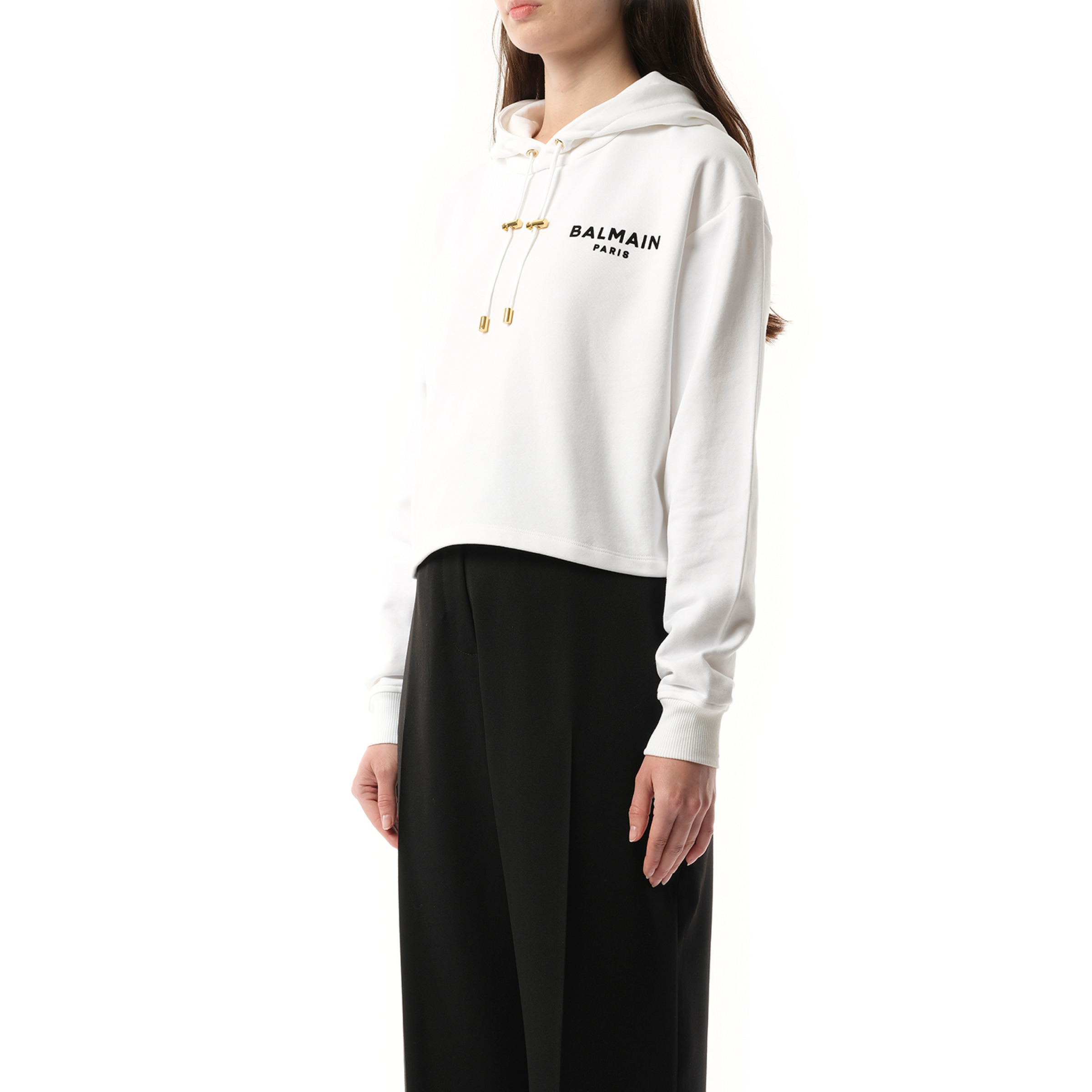 Balmain Flock Detail Cropped Hoodie in White/Black - 5
