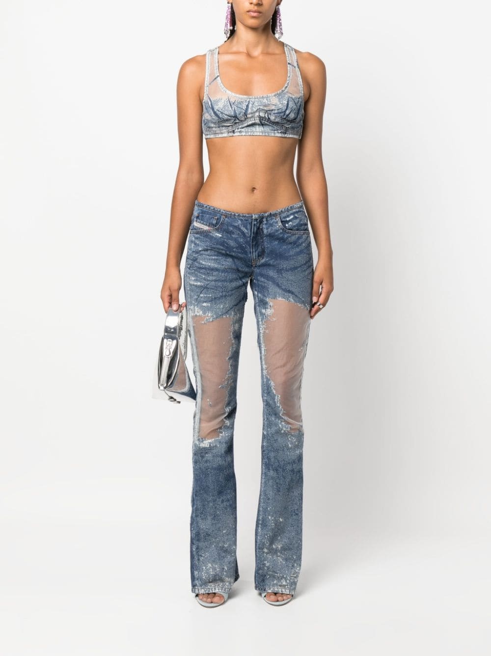 denim-patchwork mesh top - 2