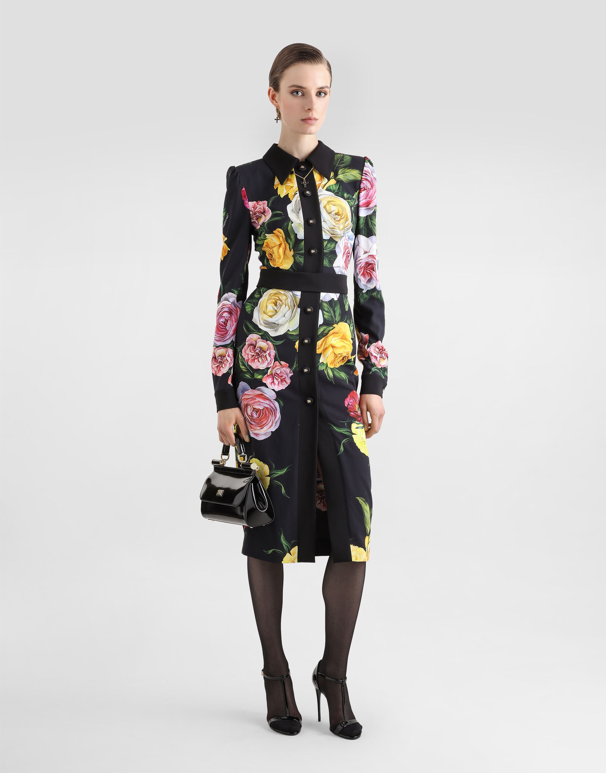 Calf-length cady shirt dress with peony and rose print - 2